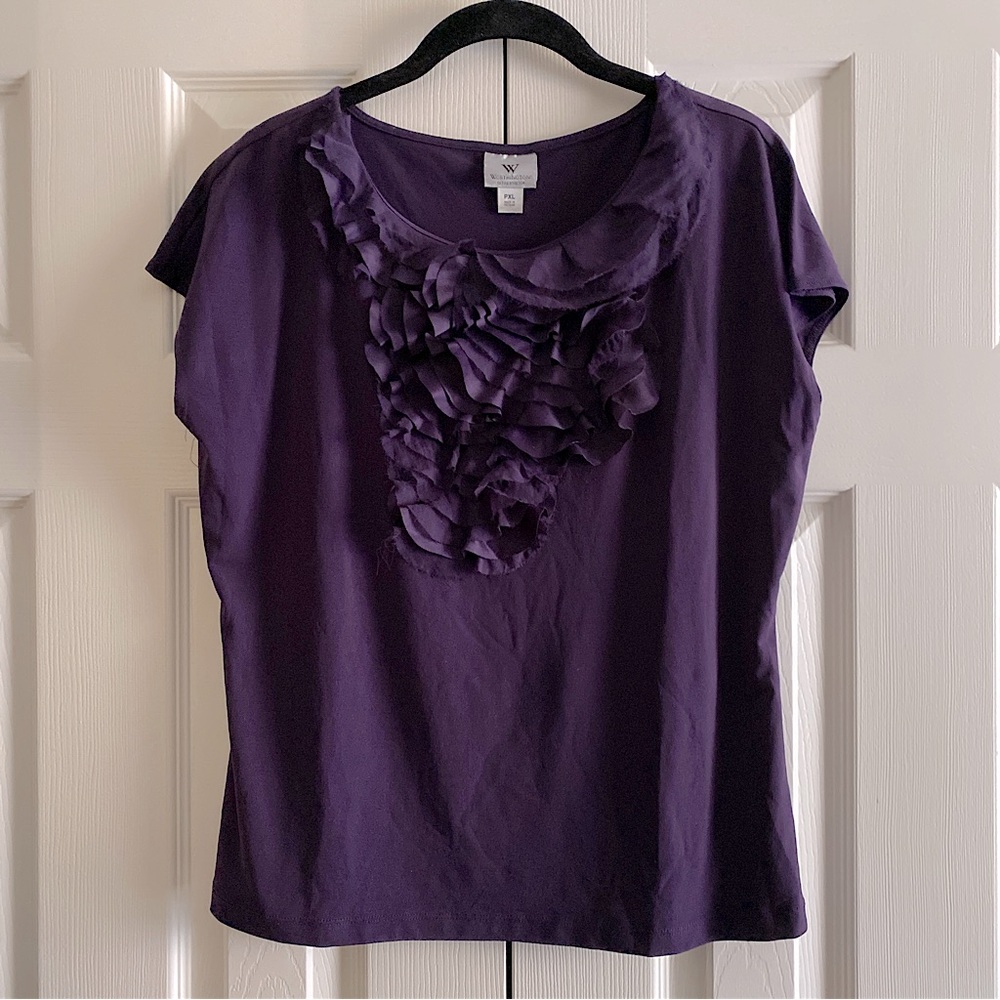 WORTHINGTON RUFFLE FRONT SLEEVELESS BLOUSE TOP BOHO CAREER FALL Purple Petite XL